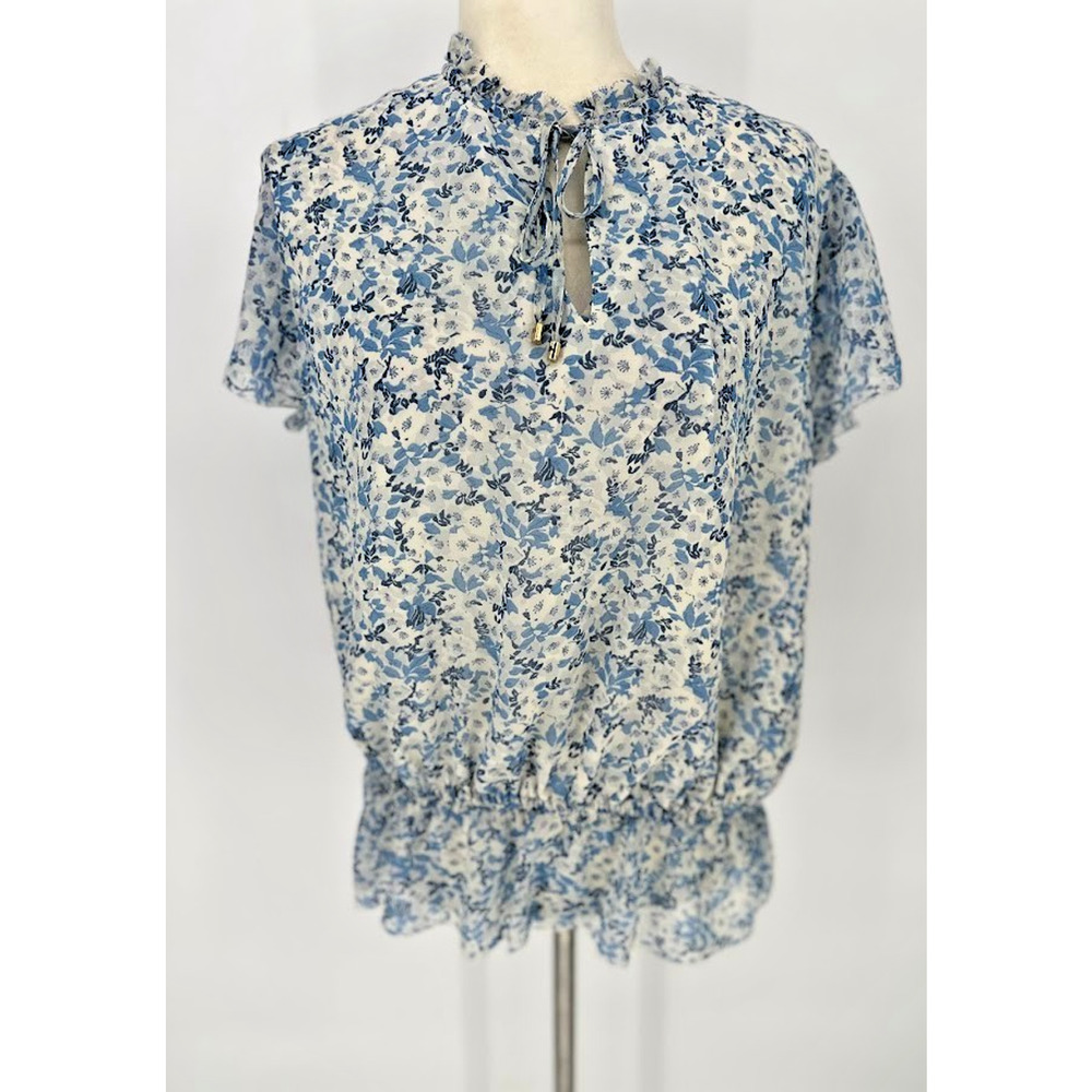 Lauren Ralph Lauren White Blue Floral Blouse Top Elastic Waist Cottagecore Large